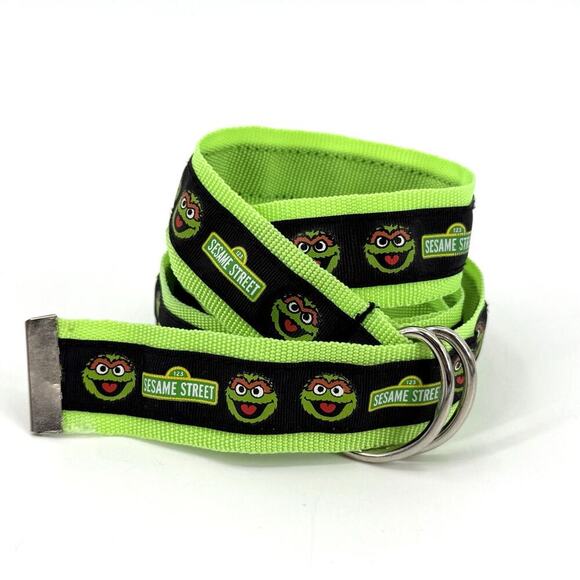 VTG Oscar the Grouch Lime Green/Black Nylon Webbing D-Ring Belt Unisex Large 46” - Picture 1 of 7